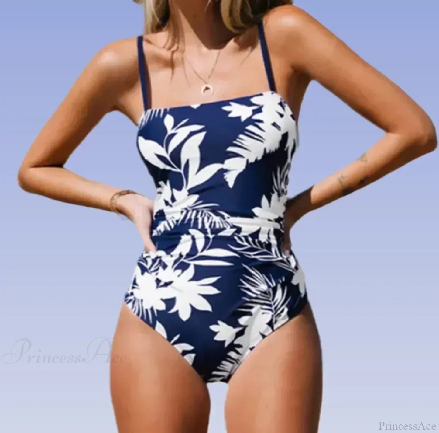 Leaf Print Shirred Square One Piece Set