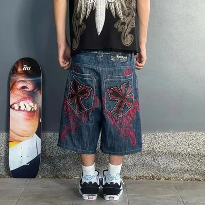 Leather Patch Embroidery Denim Short