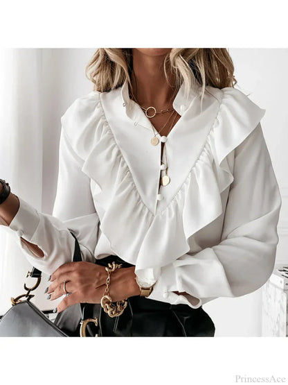 Leopard Dot Print Ruffle V Neck Blouse