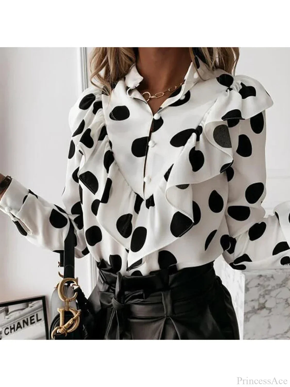 Leopard Dot Print Ruffle V Neck Blouse