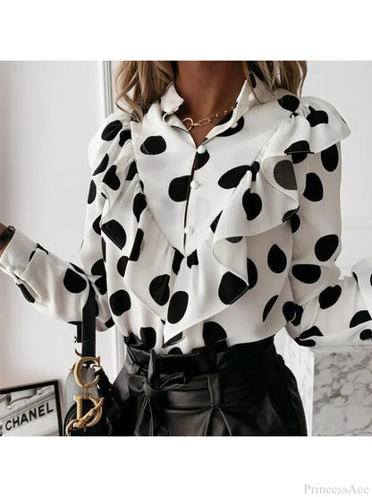 Leopard Dot Print Ruffle V Neck Blouse