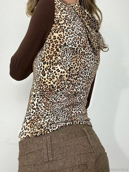 Leopard Patchwork Hooded Slim V-Neck Long Sleeve Knit Top