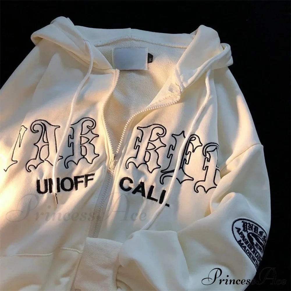 Letter Embroidery Vintage Loose Zipper Hoodies