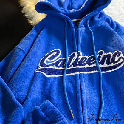 Letter Embroidery Vintage Loose Zipper Hoodies
