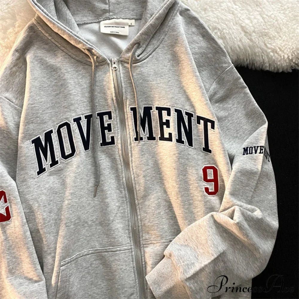 Letter Embroidery Vintage Loose Zipper Hoodies