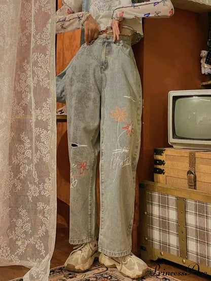 Letter Flower Print Ripped Jeans
