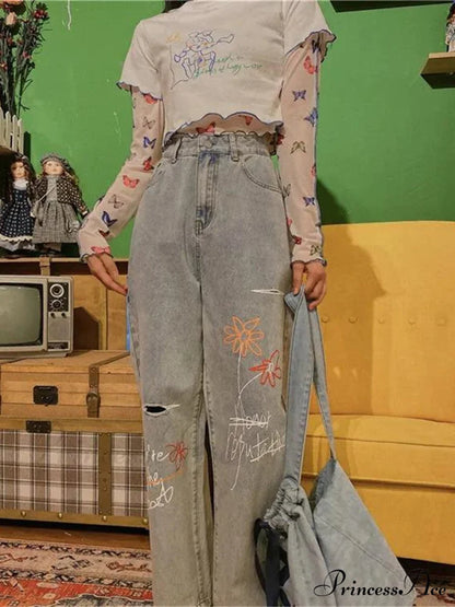 Letter Flower Print Ripped Jeans
