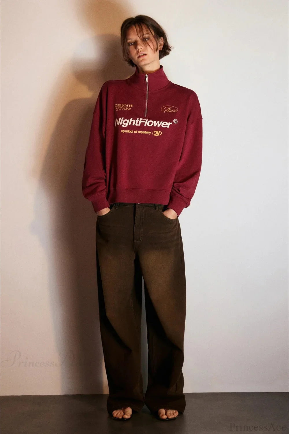 Letter Print Half Zip Stand Collar Loose Sweatshirts
