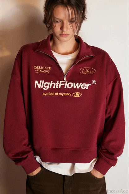 Letter Print Half Zip Stand Collar Loose Sweatshirts