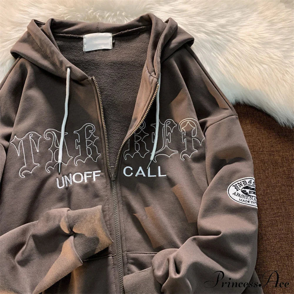 Letter Print Vintage Zip Up Oversize Jacket