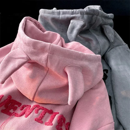 Letter Print Vintage Zipper Hoodie