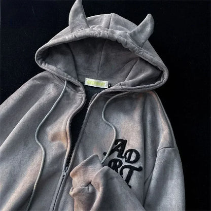 Letter Print Vintage Zipper Hoodie