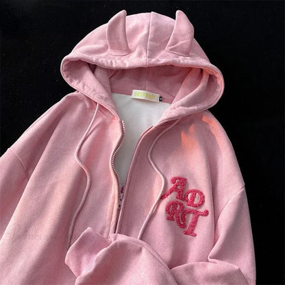 Letter Print Vintage Zipper Hoodie