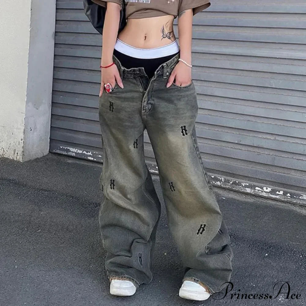 Letter Straight Wide Leg Denim Low Waist Vintage Oversized Hip Hop Harajuku Cargo Jean