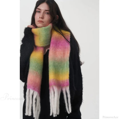 Light Luxury Gradient Color Wool Striped Fringed Mohair Scarf