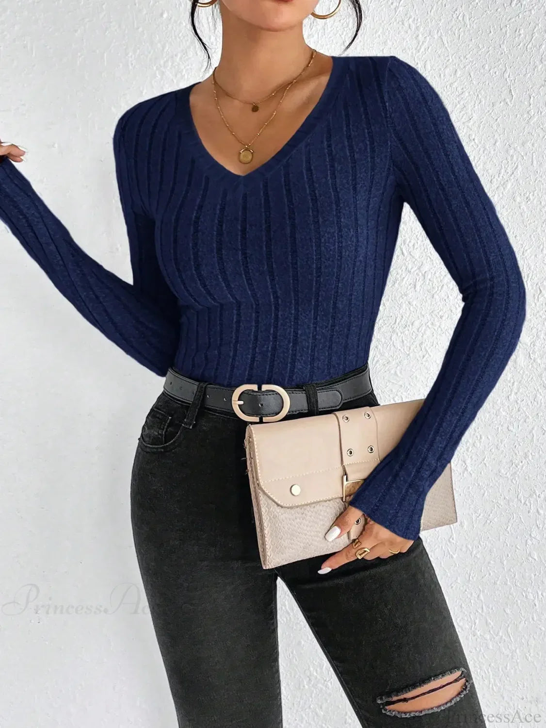 Light Luxury Simple Slim Comfortable V-Neck Pullover Top Women