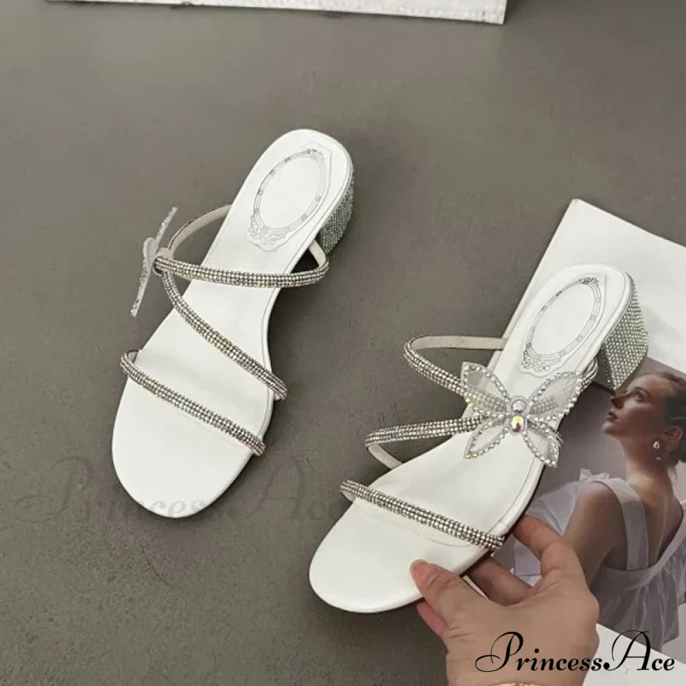 Liyke Brand Glitter Rhinestones Bowknot Women Slippers Crystal Low Heels Summer Sandals