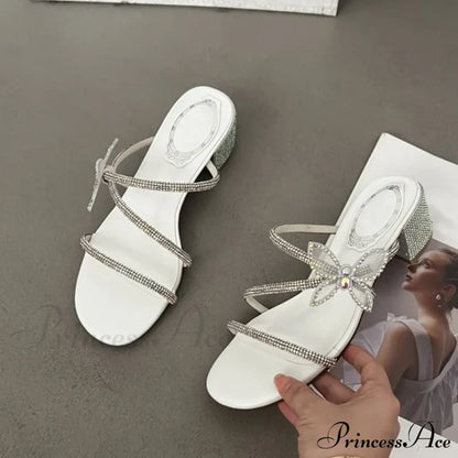 Liyke Brand Glitter Rhinestones Bowknot Women Slippers Crystal Low Heels Summer Sandals