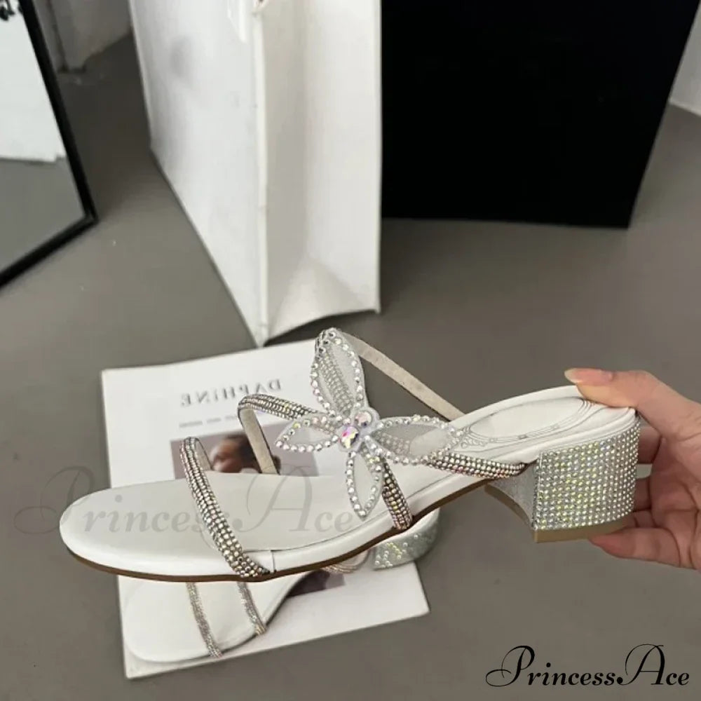 Liyke Brand Glitter Rhinestones Bowknot Women Slippers Crystal Low Heels Summer Sandals