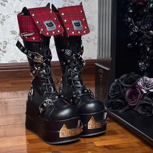 Lolita Metallic Circular Tip Elevated Gothic Boot