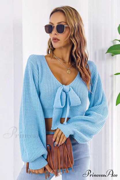Long Cropped V-Neck Arm Sweater