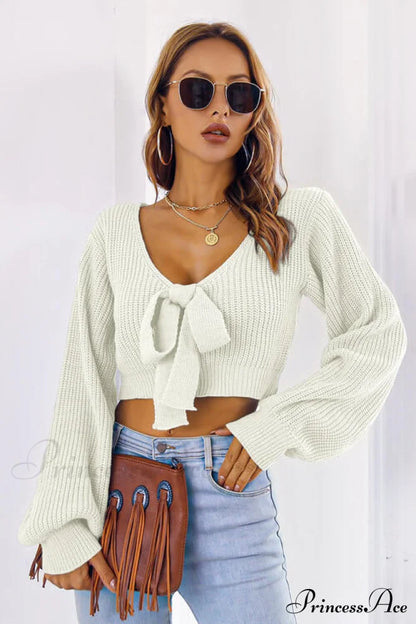 Long Cropped V-Neck Arm Sweater