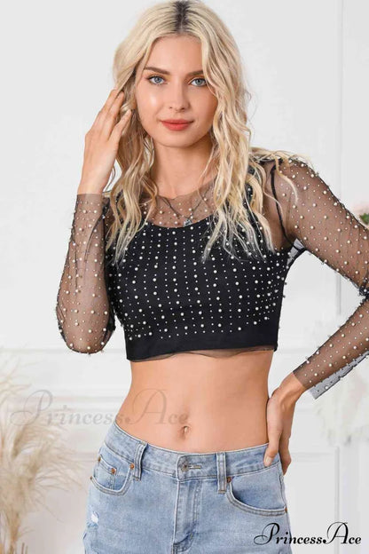Long Cropped with Pearl Top Mesh Sleeves