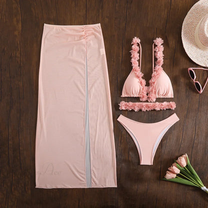 Vestido Largo Cubre Bikini Traje de Baño de Tres Piezas