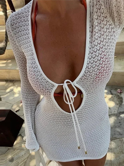 Long Flare-Sleeve Lace Mini Dress