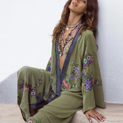 Long Floral Embroidery Beach Cover-Up Boho Cardigan