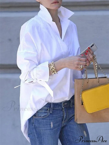 Long Lapel Arm Casual Plain Blouse