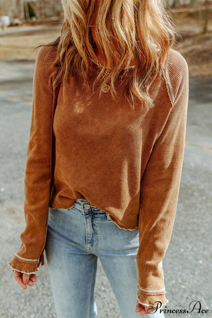 Long Round Arm Neck Brown Textured Top