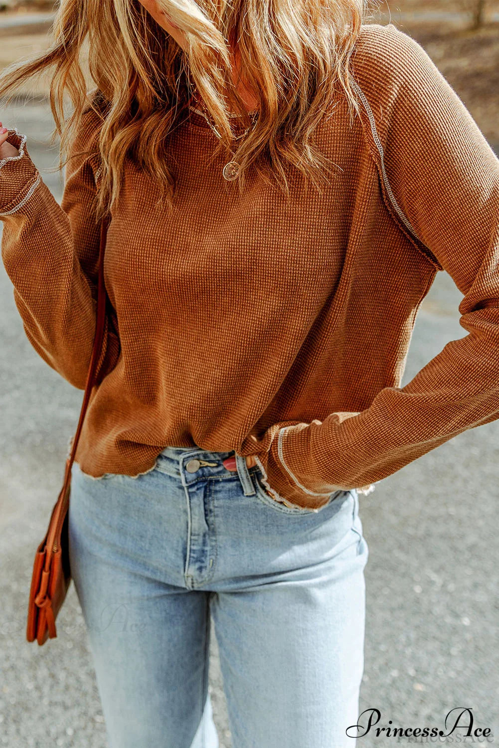 Long Round Arm Neck Brown Textured Top