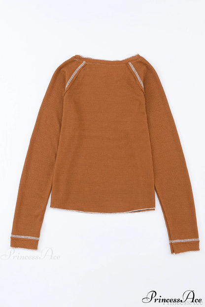 Long Round Arm Neck Brown Textured Top