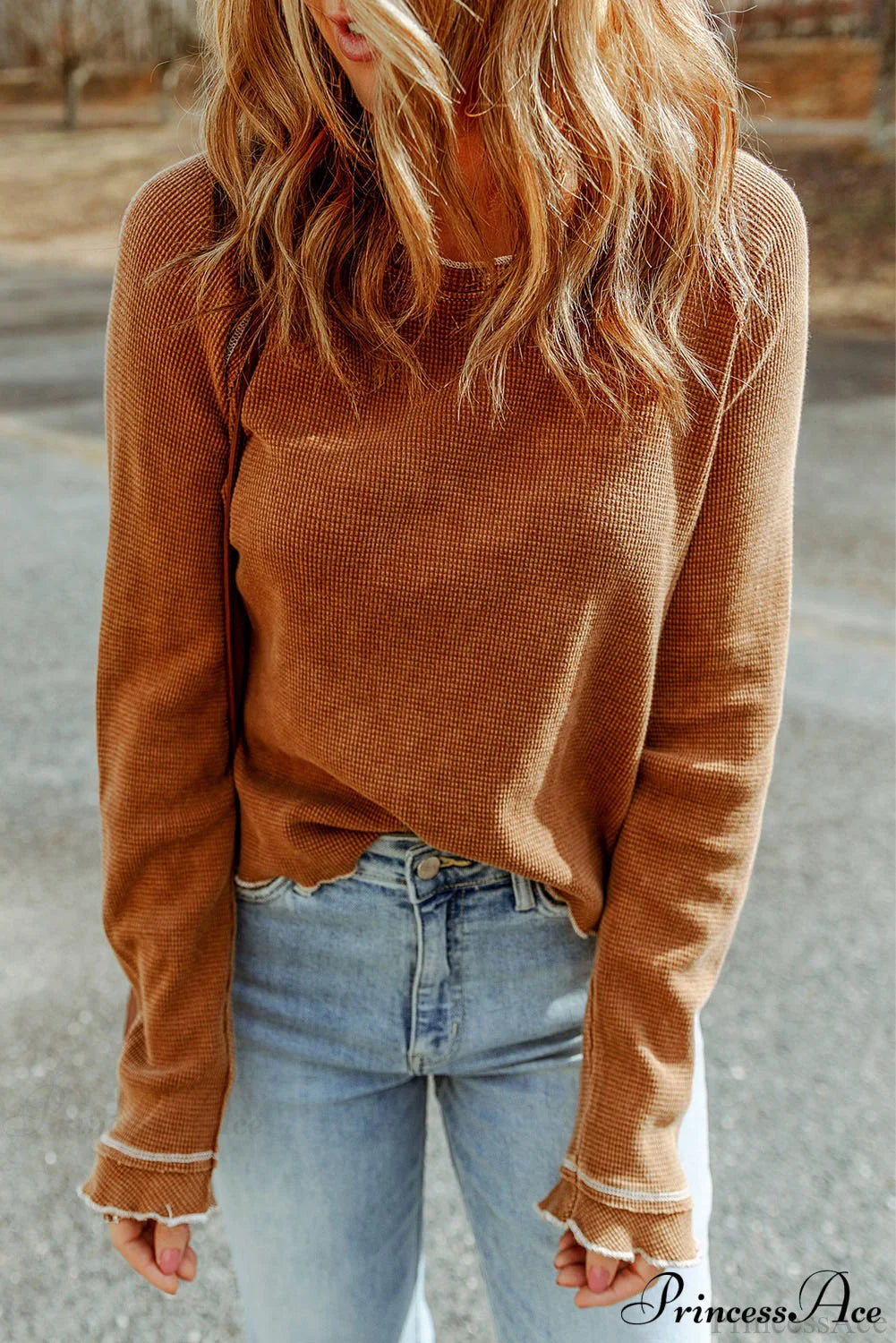 Long Round Arm Neck Brown Textured Top
