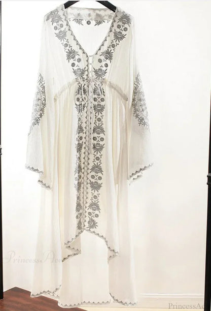 Long Sleeve Floral Embroidered Cotton Boho Dress