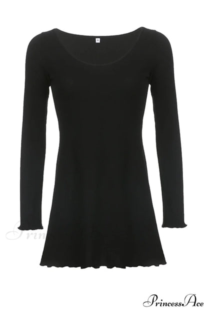 Long Sleeve Lacework Hem Dress with Round Neck
