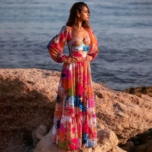 Long Sleeve Print Skirt Two Piece Set