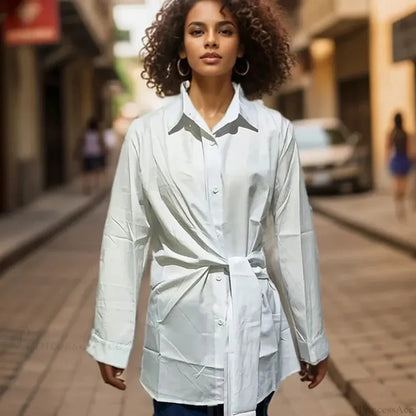 Long Sleeve Ruched Lace-up White Blouse