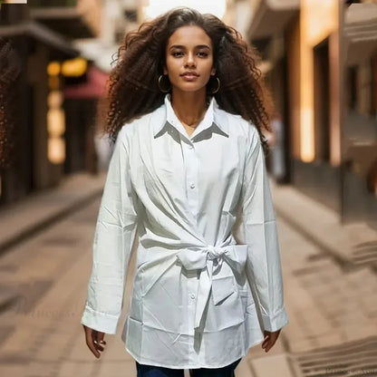 Long Sleeve Ruched Lace-up White Blouse