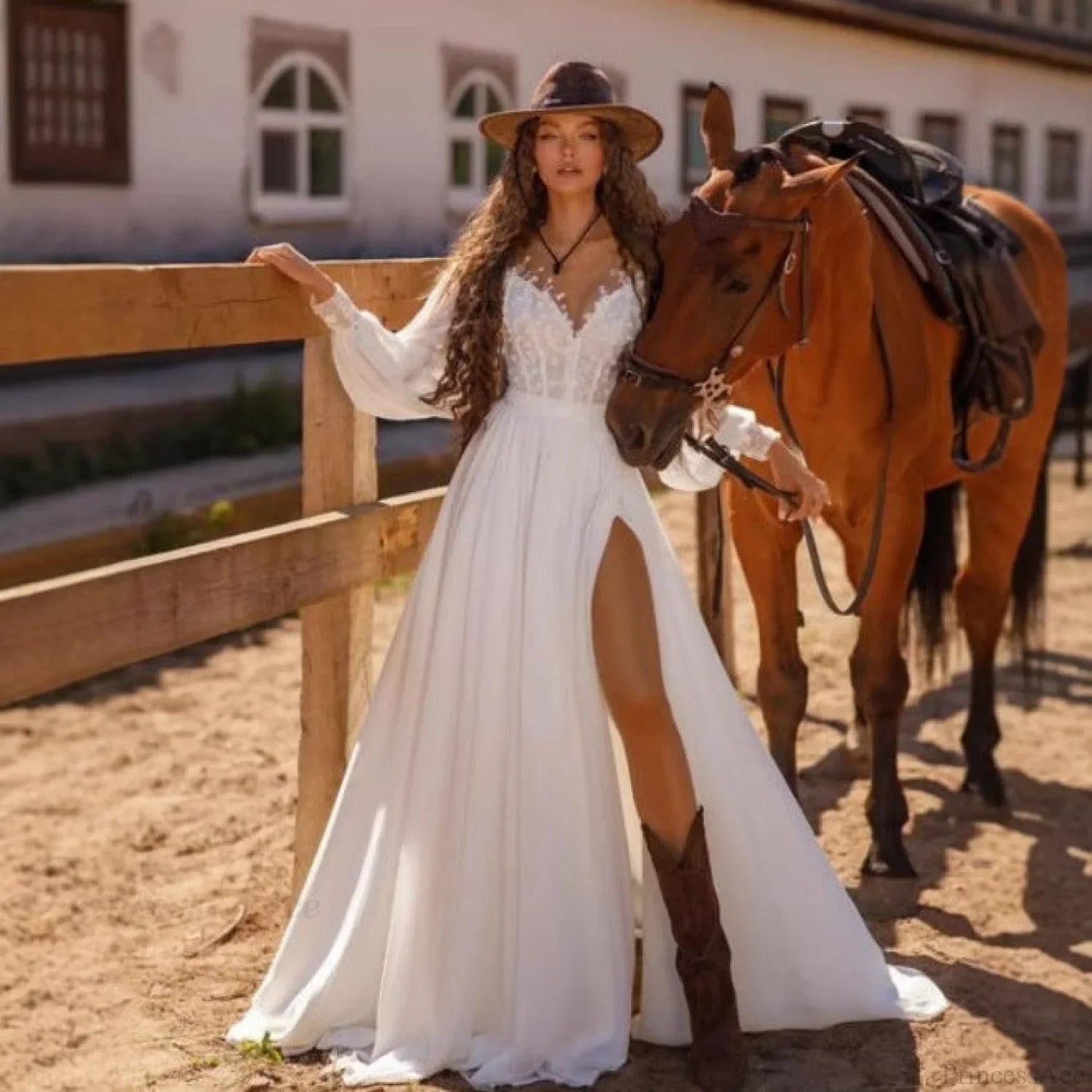 Long Sleeve V-Neck Lace Wedding Dress