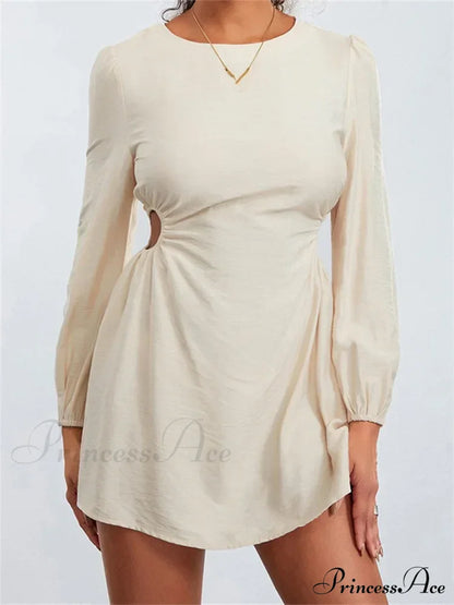 Long Sleeve Waist Hollow Out Tie up Mini Dress