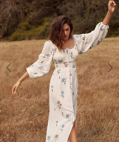 Long-sleeved Stretch Waist Split White Boho Dress