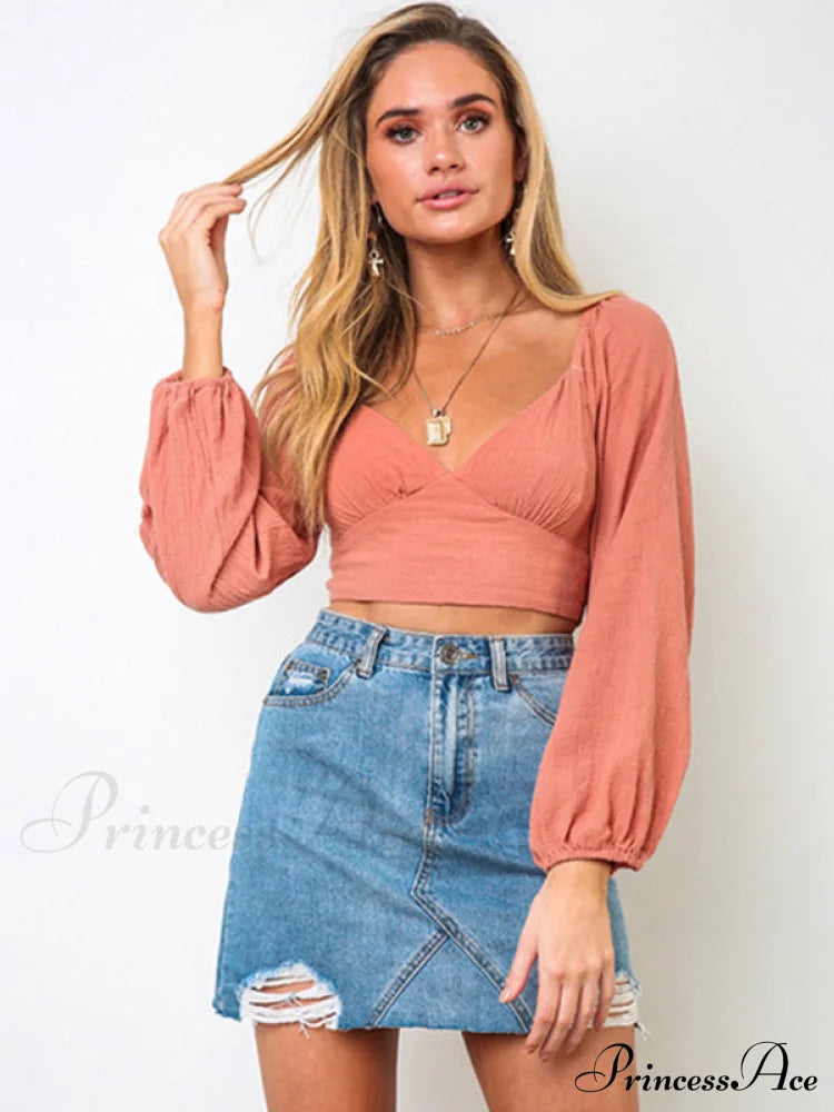 long-sleeved with strap crop top V-neck Women's tie