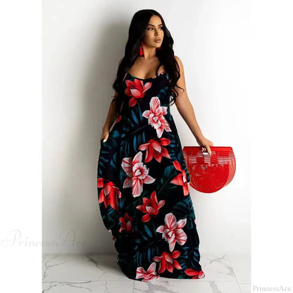 Loose Floral Print Slip Dress Long Skirt Floral Dress
