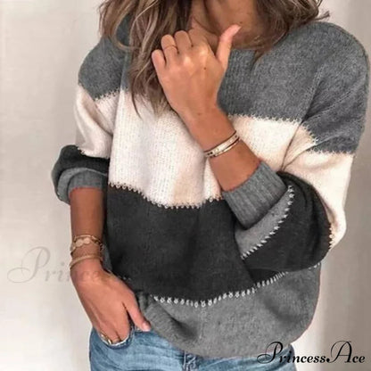 Loose Knitted Patchwork Striped Tops for Pullovers Women