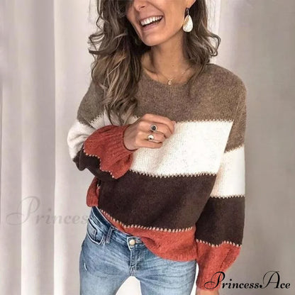 Loose Knitted Patchwork Striped Tops for Pullovers Women