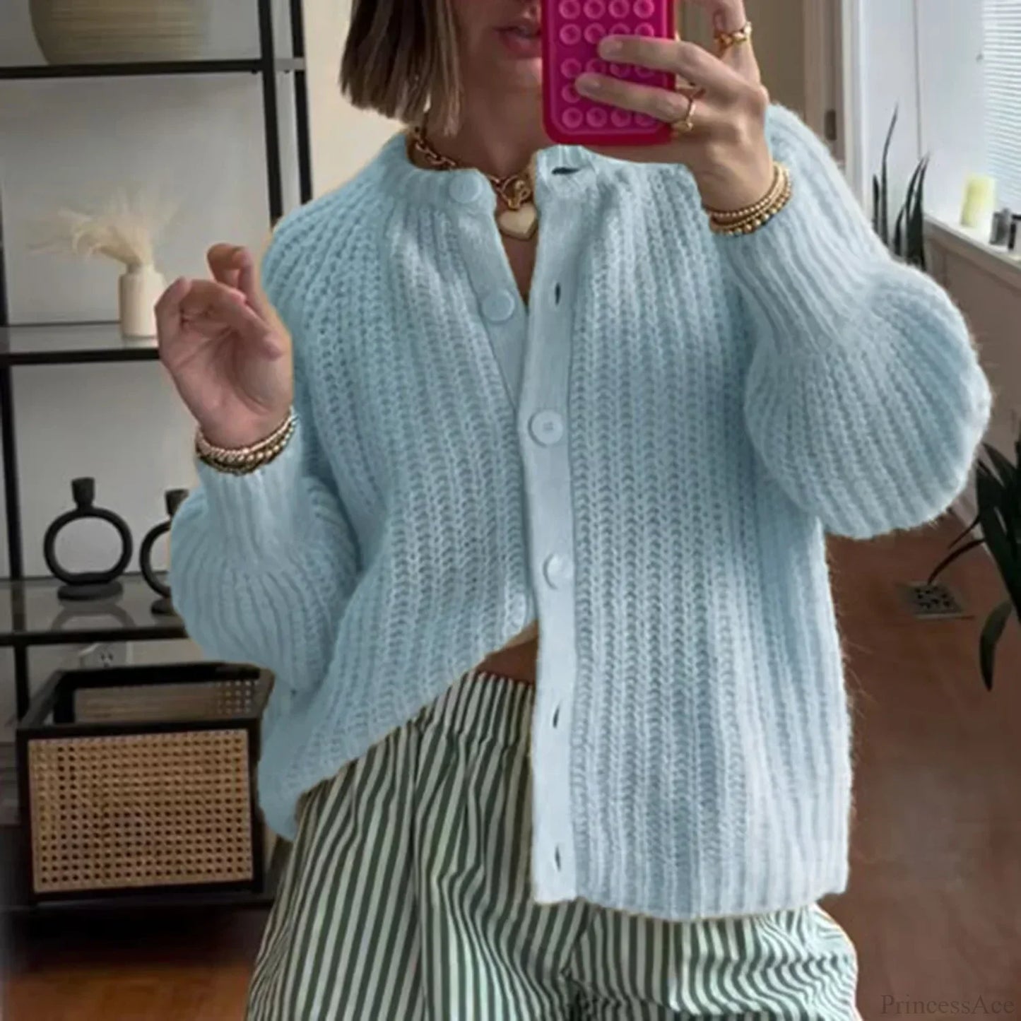 Loose Solid Crew Neck Button Cardigan