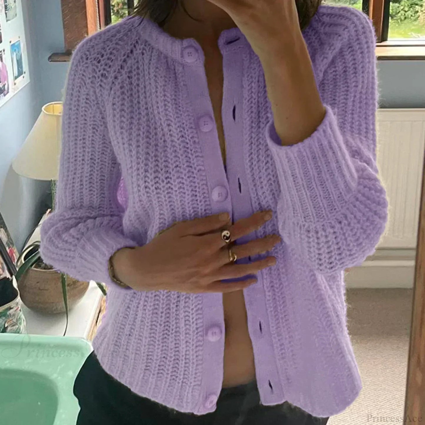 Loose Solid Crew Neck Button Cardigan