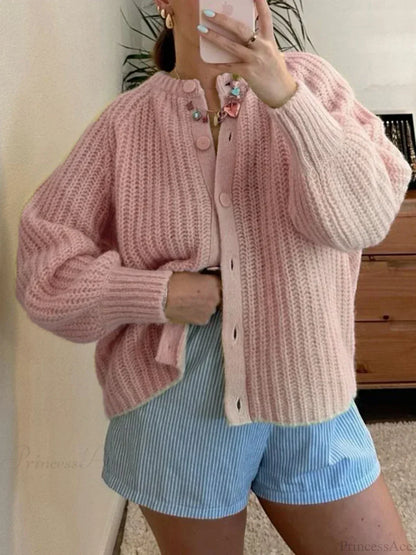 Loose Solid Crew Neck Button Cardigan